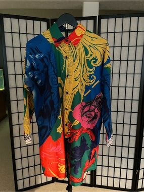 Vibrant Baroque Print Long Button-Up Shirt